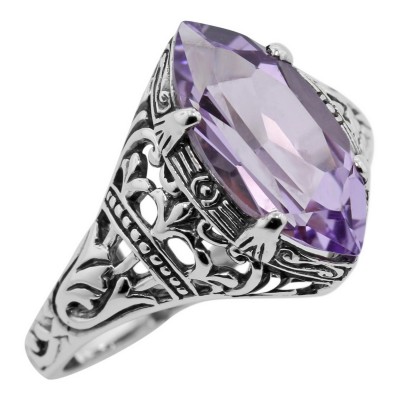 Antique Style Amethyst Filigree Ring - Sterling Silver - FR-194-AM