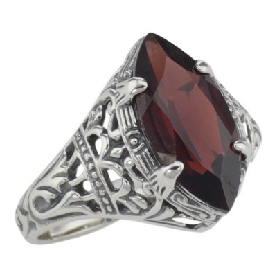 Art Deco Style Genuine Red Garnet Filigree Ring - Sterling Silver - FR-194-G