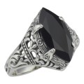 Antique Victorian Style Black Onyx Filigree Ring - Sterling Silver