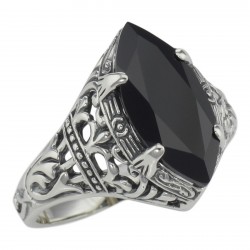 Antique Victorian Style Black Onyx Filigree Ring - Sterling Silver