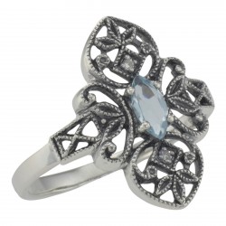 Victorian Style Blue Topaz Filigree Ring with Two Diamonds Sterling Silver