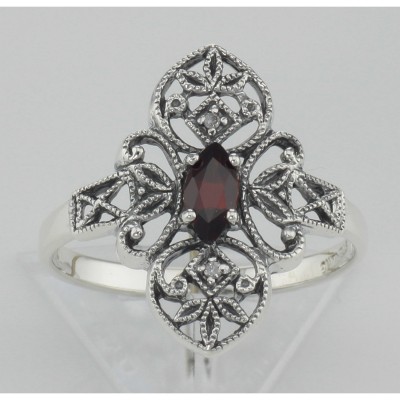 Lovely Victorian Style Garnet Filigree Ring w/ Two Diamonds Sterling Silver - FR-199-G