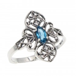 Victorian Style London Blue Topaz Ring w/ 2 Diamonds - Sterling Silver