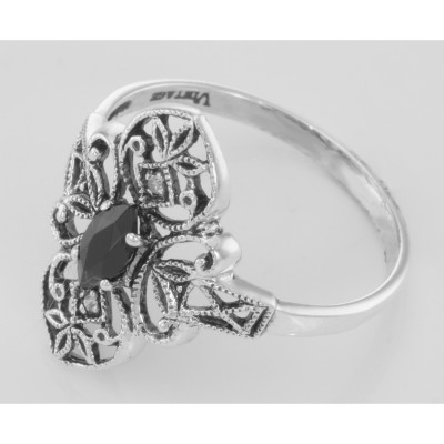 Victorian Style Onyx Filigree Ring with Two Diamonds - Sterling Silver - FR-199-O