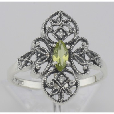 Victorian Style Peridot Filigree Ring with Two Diamonds - Sterling Silver - FR-199-P