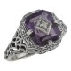 Art Deco Style Emerald Cut Amethyst Filigree Ring w/ Diamond Sterling Silver - FR-200-AM