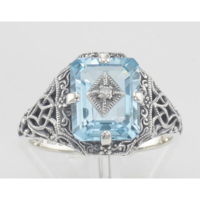 Art Deco Style Emerald Cut Blue Topaz Filigree Ring Diamond Sterling Silver - FR-200-BT