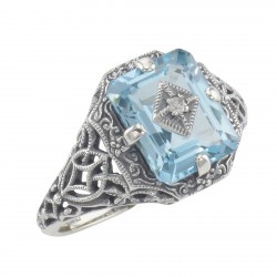 Art Deco Emerald Cut Blue Topaz Filigree Ring Diamond Sterling Silver