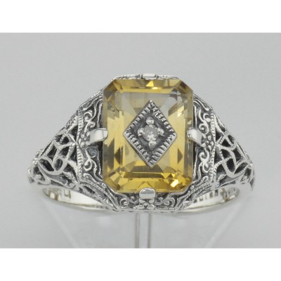 Antique Victorian Style Golden Citrine Filigree Diamond Ring Sterling Silver - FR-200-C