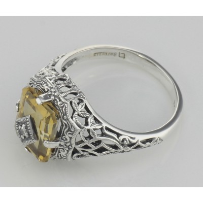 Antique Victorian Style Golden Citrine Filigree Diamond Ring Sterling Silver - FR-200-C