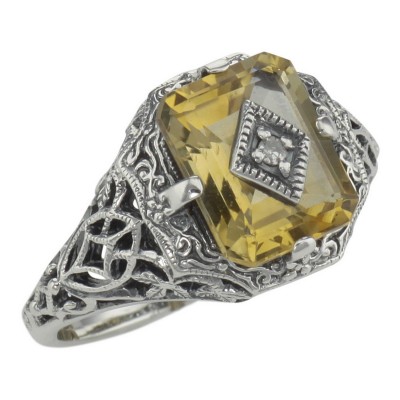 Antique Victorian Style Golden Citrine Filigree Diamond Ring Sterling Silver - FR-200-C