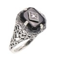 Black Onyx Filigree Ring w/ Diamond Art Deco Style - Sterling Silver