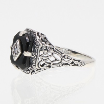 Black Onyx Filigree Ring w/ Diamond Art Deco Style - Sterling Silver - FR-200-O