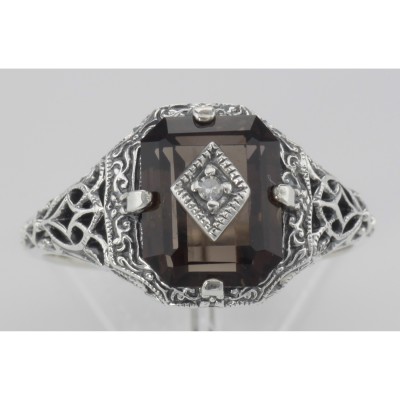 Antique Victorian Style Smoky Topaz Filigree Diamond Ring Sterling Silver - FR-200-SM