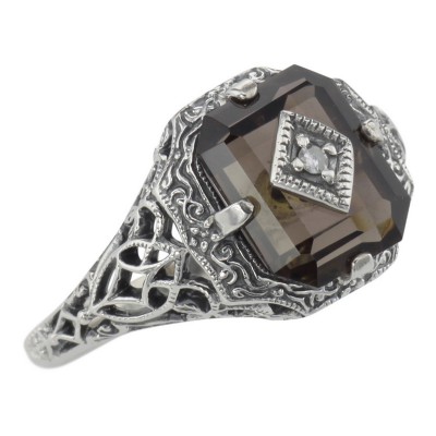 Antique Victorian Style Smoky Topaz Filigree Diamond Ring Sterling Silver - FR-200-SM