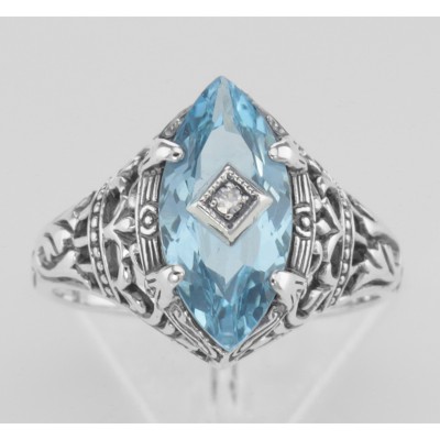 Sterling Silver Blue Topaz Filigree Ring w/ Diamond - FR-201-BT