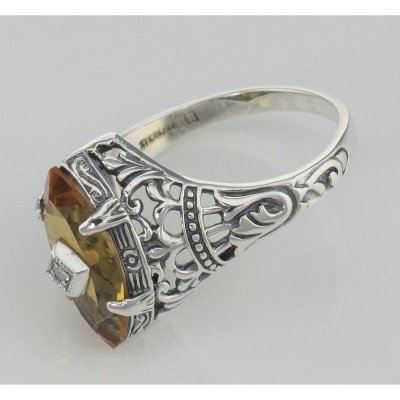 Antique Victorian Style Citrine Filigree Ring w/ Diamond - Sterling Silver - FR-201-C