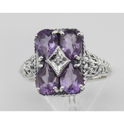 Four Stone Amethyst Filigree Ring - Sterling Silver - FR-237-AM