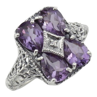 Four Stone Amethyst Filigree Ring - Sterling Silver - FR-237-AM