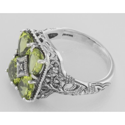 Four Stone Genuine Peridot and Diamond Filigree Ring - Sterling Silver - FR-237-P