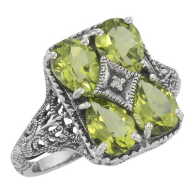 Four Stone Genuine Peridot and Diamond Filigree Ring - Sterling Silver - FR-237-P