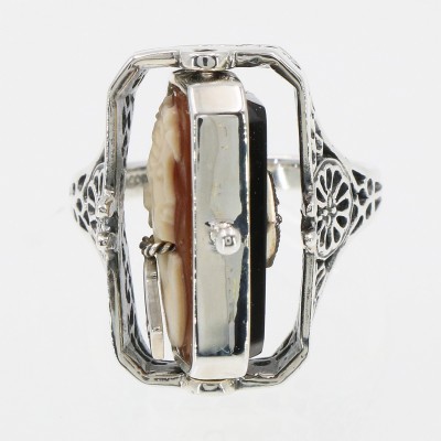 Cameo / Onyx w/ Diamonds Filigree Wagon Wheel Design Flip Ring - Sterling Silver - FR-239-SH-O