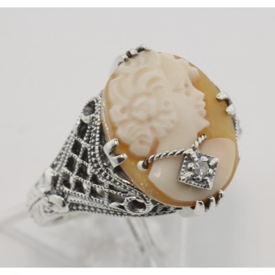 Hand Carved Italian Shell Cameo w/ Diamond Necklace Ring - Sterling Silver - FR-330