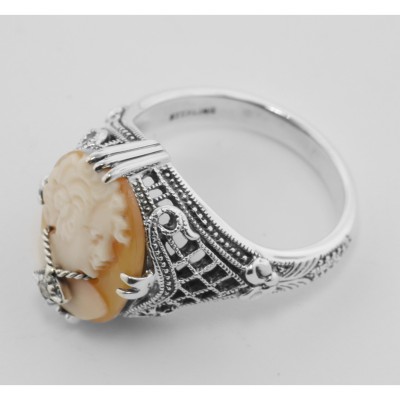 Hand Carved Italian Shell Cameo w/ Diamond Necklace Ring - Sterling Silver - FR-330
