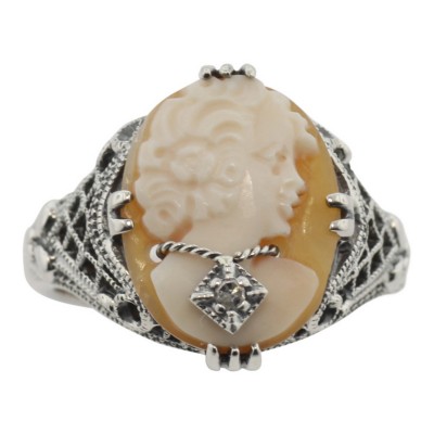 Hand Carved Italian Shell Cameo w/ Diamond Necklace Ring - Sterling Silver - FR-330