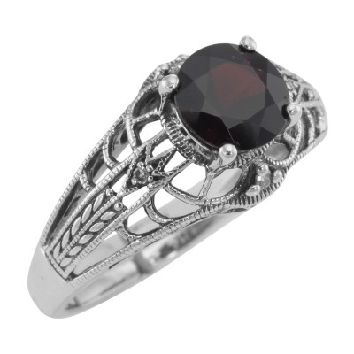 Art Deco Style Garnet Filigree Ring with Four Diamonds Sterling 925 - FR-332-G