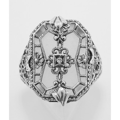 Victorian Style Camphor Glass Crystal Diamond Filigree Ring Sterling Silver - FR-342-CR