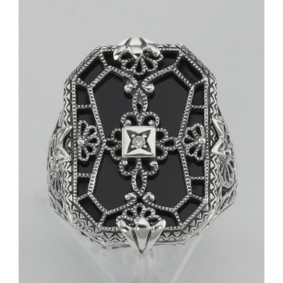 Antique Victorian Style Black Onyx w/ Diamond Filigree Ring Sterling Silver - FR-342-O