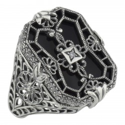 Antique Victorian Style Black Onyx Diamond Filigree Ring Sterling Silver