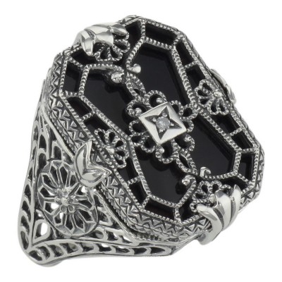Antique Victorian Style Black Onyx w/ Diamond Filigree Ring Sterling Silver - FR-342-O