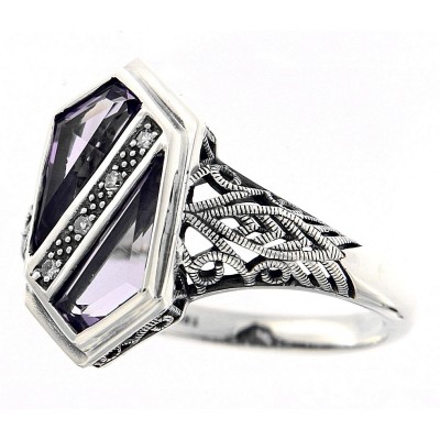 Unique Art Deco Style Amethyst  Diamond Filigree Ring - Sterling Silver - FR-343-AM