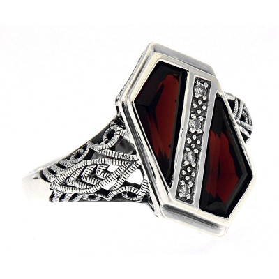 Unique Art Deco Style Garnet  Diamond Filigree Ring - Sterling Silver - FR-343-G
