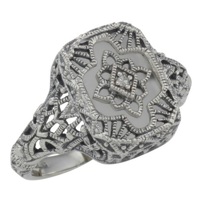 Victorian Style Camphor Glass Filigree Diamond Ring in Fine Sterling Silver - FR-369-CR