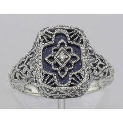 Victorian Style Blue Lapis Filigree Diamond Ring in Fine Sterling Silver - FR-369-L