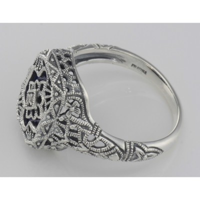Victorian Style Blue Lapis Filigree Diamond Ring in Fine Sterling Silver - FR-369-L