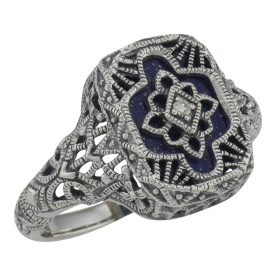 Victorian Style Blue Lapis Filigree Diamond Ring in Fine Sterling Silver - FR-369-L
