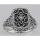 Victorian Style Black Onyx Filigree Diamond Ring in Fine Sterling Silver - FR-369-O