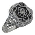 Victorian Style Black Onyx Filigree Diamond Ring in Fine Sterling Silver