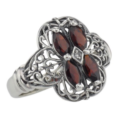 Antique Style Four Stone Garnet / Diamond Filigree Ring - Sterling Silver - FR-371-G