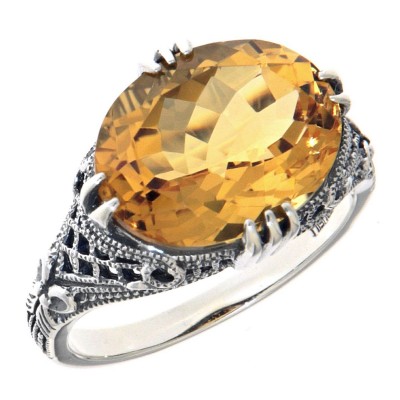 Beautiful 8.9 Carat Geniune Golden Citrine Filigree Ring - Sterling Silver - FR-423-C