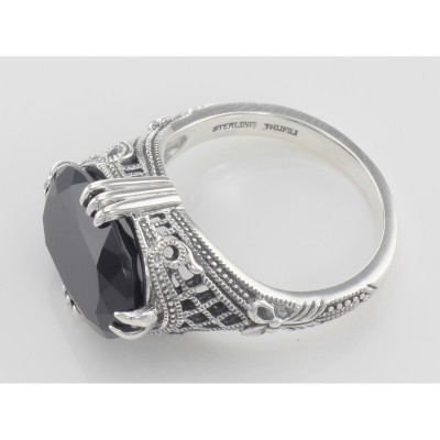 Beautiful Oval Black Onyx Filigree Ring - Sterling Silver - FR-423-O