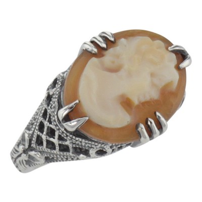 Antique Style Hand Carved Italian Shell Cameo Ring - Sterling Silver - FR-423-SH