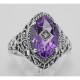 Victorian Style Sterling Silver Amethyst Filigree Ring w/ Diamond Center - FR-424-AM