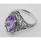 Victorian Style Sterling Silver Amethyst Filigree Ring w/ Diamond Center - FR-424-AM
