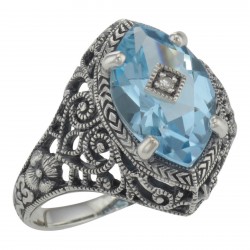 Victorian Style Sterling Silver Blue Topaz Filigree Ring w/ Diamond Center