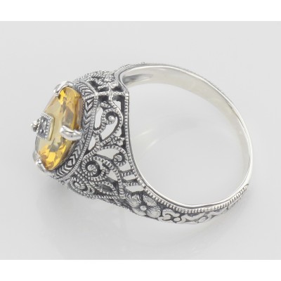 Victorian Style Sterling Silver Golden Citrine Filigree Ring Diamond Center - FR-424-C